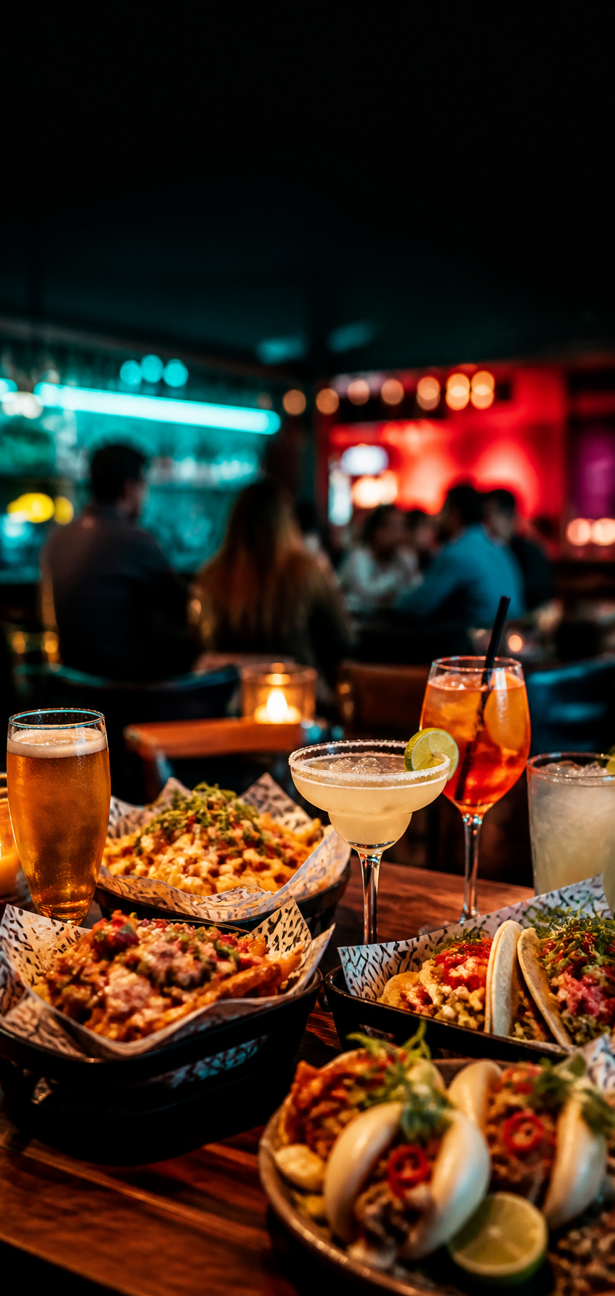 Street food, cocktails and beer in a lively bar